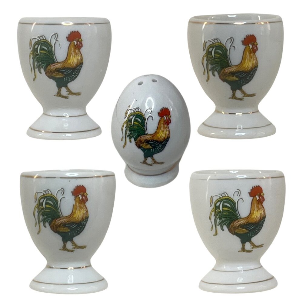 MCM French Rooster gold edged Egg Cups & Salt Shaker - Set of 4